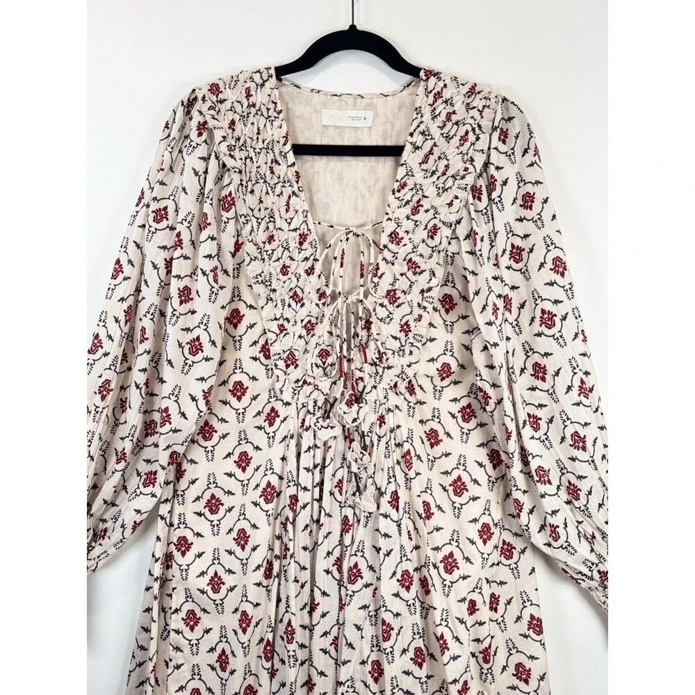 ZARA Mini Dress Beige Floral Puff Sleeve V Neck Lace Up Ruffle A Line Boho XS